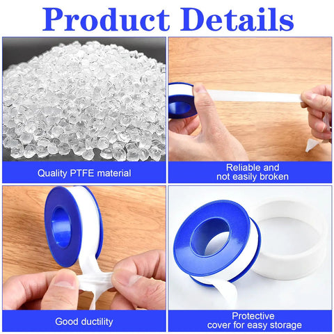 100 Rolls PTFE Teflon Tape 1/2 Inch By 520 Inch Plumber Tape with PTFE material and blue spool, showing flexibility and durability
