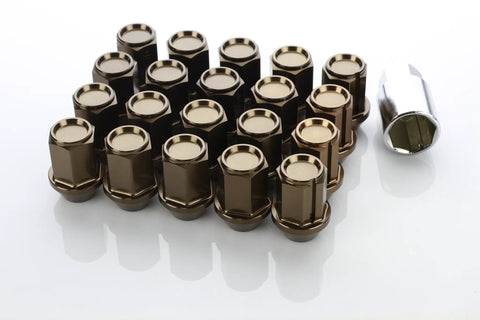 Leggdura Bronze Race-Ready Lug Nuts Set Of 20 12mm By 1.25 Thread Ultra Lightweight Duralumin with socket tool on white background