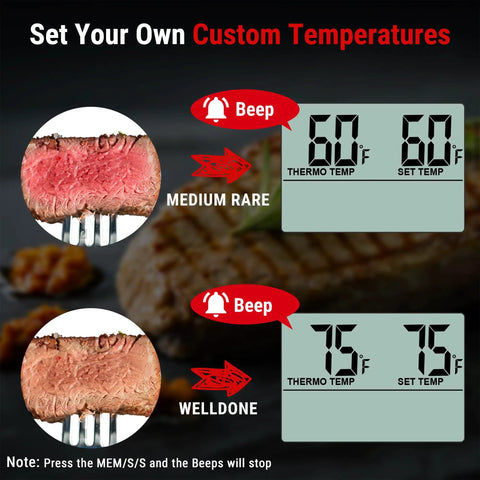 Image showing Large LCD Digital Meat Thermometer For Smoker, Oven, Kitchen And BBQ Grill with medium rare and well-done settings.