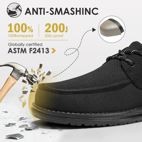 Men's Steel Toe Work Shoes Slip Resistant Lightweight Safety Loafers Built For Tough Jobs On Construction And Factory Floors With All Day Comfort And ASTM F2413 18 Impact Protection Black Size 7 showcasing hammer impact resistance