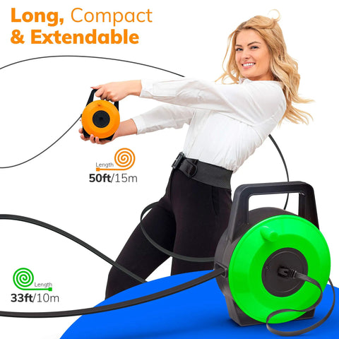Woman using Flat Retractable CAT6 Ethernet Cable Extender, 50 Feet UTP Reel with Cascadable Male to Female RJ45, portable and tangle-free.