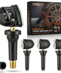 Dead On Accurate Tire Pressure Monitoring System Sensor 315 Mhz set with four sensors and packaging against a wheel backdrop.