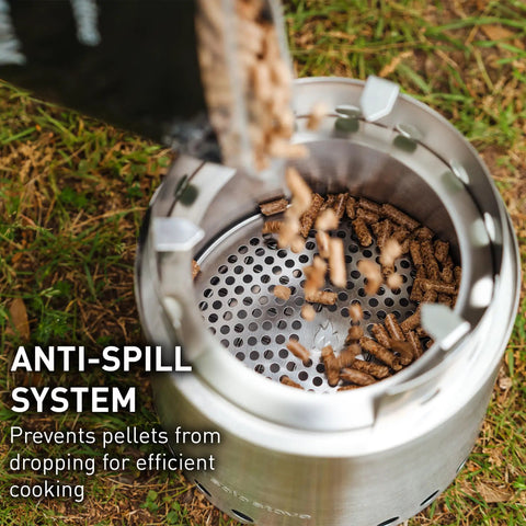 Pellet Adapter For Outdoor Camp Stoves Turns Your Campfire Into A Pellet Fueled Smokeless Safe Burn Stainless Steel 6.1 Inch Diameter Extension For Easy Campout Cooking And Longer Fire Time, showing pellets being poured into adapter