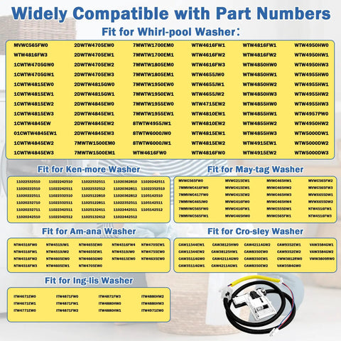Widely compatible part numbers for Rugged Washer Lid Lock Assembly Replacement For Whirlpool Maytag Kenmore W11307244 W10682535.