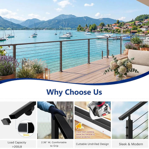 Rock Solid 12 Foot Aluminum Deck Railing Handrail In Matte Black With Rust Proof Powder Coating For Lake Homes And Waterfront Walkways features sleek design with scenic waterfront view.