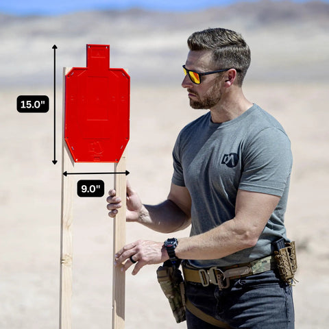 Man setting up Half Size Self Healing Silhouette Reactive Shooting Target for Indoor and Outdoor Practice Pistol and Rifle Training.