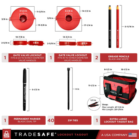 Diagram of valve lockout tagout kit components including gate valve locks, grease pencils, marker, zip ties, and storage bag