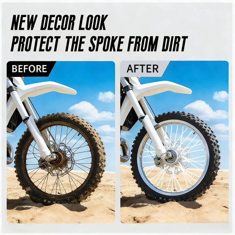 Before and after of motorcycle tire with Universal Spoke Covers For 8 To 21 Inch Rims With 72 Pcs White Spoke Wraps for protection