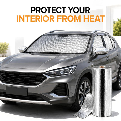 Heavy Duty Double Bubble Insulation Roll With 4 Layer Reflective Foil Barriers protecting a car windshield from heat.