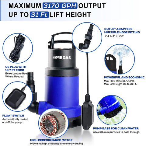 Beefy Heavy Duty Submersible Sump Pump With Float Switch 1HP 750W 3170 GPH For Pool Pond Drainage And Dirty Water Sewage Cleanup Durable And Quiet Powerful Portable For Wet Basements And Debris