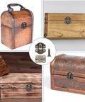 Retro Bronze Box Hinges And Latch Kit With Screws For Jewelry Boxes And Small Cabinets, DIY Craft Set displayed on wooden boxes.
