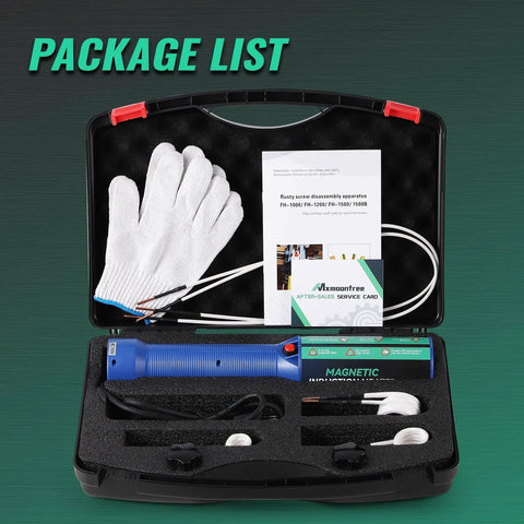 Blue 1500W induction heater bolt removal tool kit in open black case with gloves and manuals.