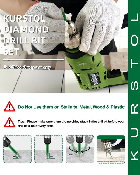Top Tier Diamond Drill Bit Kit With Quick Fit Hex Shank And Ph2 Screwdriver Bits For Cruising Through Ceramic Tile Porcelain Granite And Marble Like A Boss In 12 Piece being used on a drill.