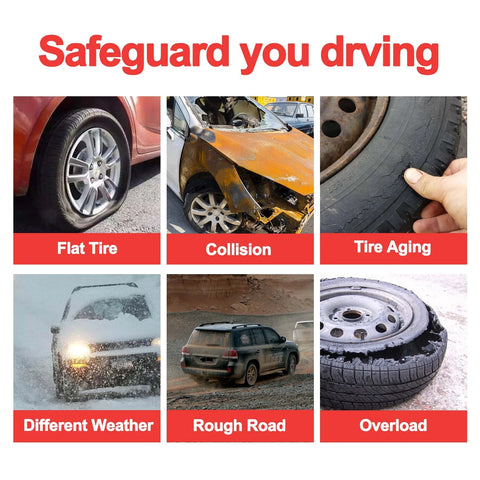 Autel TPMS sensor kit, 40 MX sensors; six-panel tire-safety infographic showing flat tire, collision, aging.