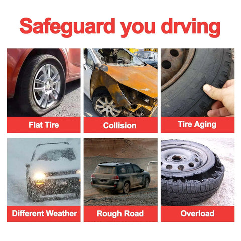 Image showing various tire issues: flat tire, collision, tire aging, different weather, rough road, overload. Promoting safety with a Universal Programmable MX TPMS Sensor For Tire Pressure 315MHz And 433MHz Plug And Play Easy Install OE Level Replacement Kit With 8 Rubber Valves PreProgrammed By TS508 TS408 TS608 MS906TS ITS600 MS906PRO TS.