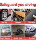 Infographic showing causes of tire issues: flat tire, collision, tire aging, different weather, rough road, overload.