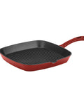 Chef's Classic Enameled Cast Iron Nine And A Quarter Inch Square Grill Pan In Cardinal Red on white background