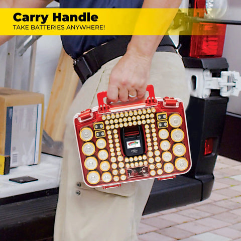 Smart Battery Organizer Case With Tester Double Sided Battery Daddy Style Storage That Holds Up To 150 Batteries Clear Locking Lid As Seen On TV Easy View Design For Fast Access And Safe Storage being carried by hand