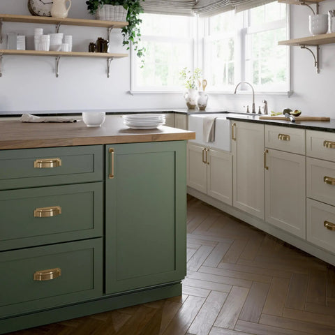 Top Shelf 3 Or 3.75 Inch Champagne Bronze Gold Cabinet Handles And Drawer Pulls For Kitchen Cabinets Bathroom Vanities Dressers Cupboards 10 Pack Solid Build Sweet Finish Notched Backplate Hardware on a modern kitchen cabinet.