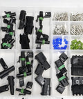 Ultimate Automotive Weather-Pack Connector Kit For 20 Amp Systems With Sealer Terminals And Housing For Male Female Quick Disconnect Splices Plus Wire Gauge Range From 10 To 20 Ga Ready For Any Rig Or Ride. Assorted black housings, terminals, and seals in organizer