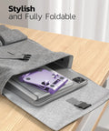 Purple Dual Folding Phone Stand With Fully Adjustable Angles For IPhone 17 16 15 to Xr inside grey felt case on desk