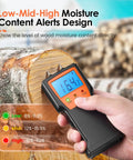Wood Moisture Meter For Firewood With Digital Pin Type Tester No Brainer Tool measuring moisture in wood, LCD display shows 16.4%.