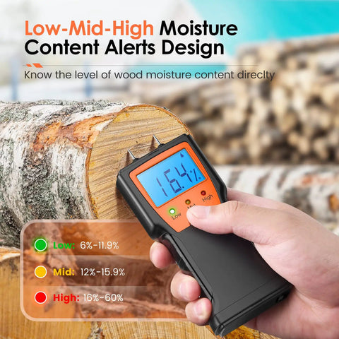 Wood Moisture Meter For Firewood With Digital Pin Type Tester No Brainer Tool measuring moisture in wood, LCD display shows 16.4%.