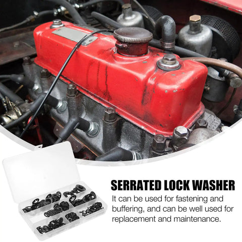 Internal Tooth Lock Washers Push On Clips Fasteners Assortment Kit 340 Pieces with engine and storage case detail