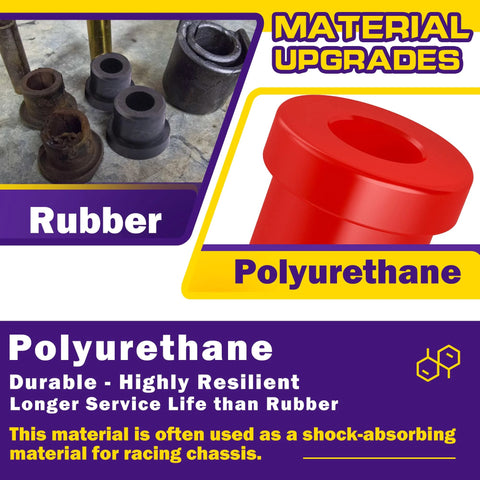 Club Car DS polyurethane leaf-spring bushing kit; red bushing with sleeves; front and rear bushings shown