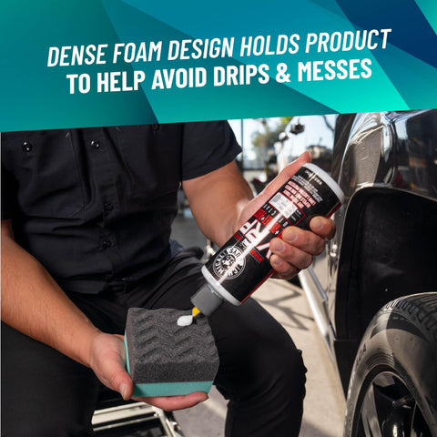 Applying tire dressing with Wonder Wave Durafoam Tire Shine Applicator Pads With Contour Wave Design on large SUV tire