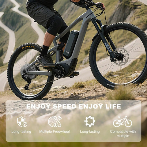 Cyclist using a bike with 9 Speed Bike Cassette CS-HG400-9 11-32T Sprocket on a mountain trail, showcasing performance and durability.