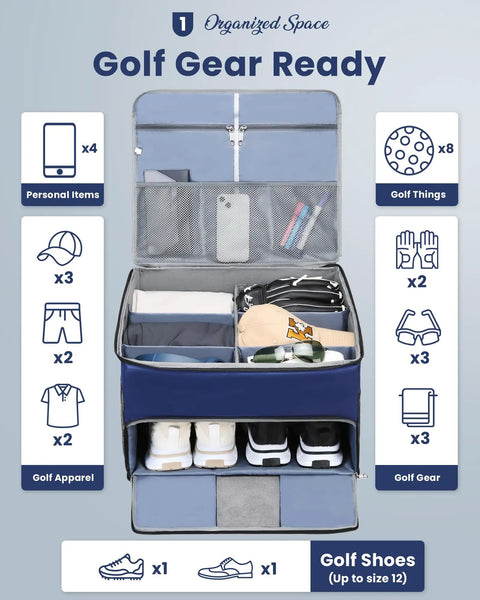 Ultimate Golf Trunk Organizer For Gear, Shoes And Accessories For Men And Golfers, Large Storage Bag with compartments and golf items