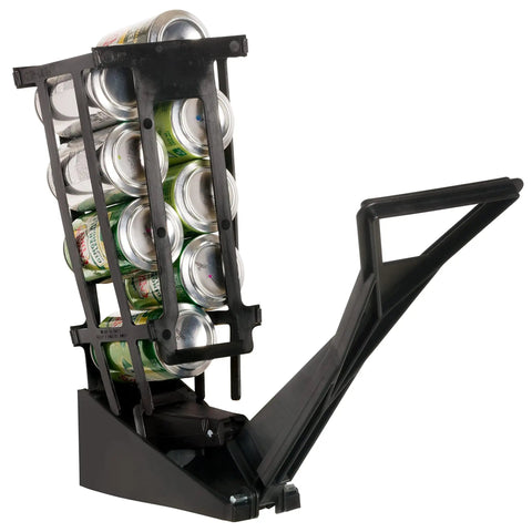 Wall Mounted Can Crusher For Soda And Aluminum 12 Oz Recycling One Hand Operated With Extended Lever holding crushed cans.