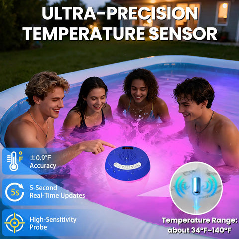 People enjoying pool with 3 In 1 Bluetooth Pool Speaker With Digital Thermometer And Colorful Lights Floating IP68 Waterproof.