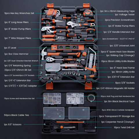 330 Piece Home Repair Tool Kit With Pull Out Drawer For Easy Access Carbon And Cr V Steel Tools Fully Organized Black Yellow