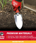 Pro Grade Heavy Duty Garden Trowel for Planting Digging and Cultivating with red handle in soil, close-up view