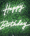 Happy Birthday Neon Light Sign White LED 25.6x16 Inches with dimmable switch on green backdrop