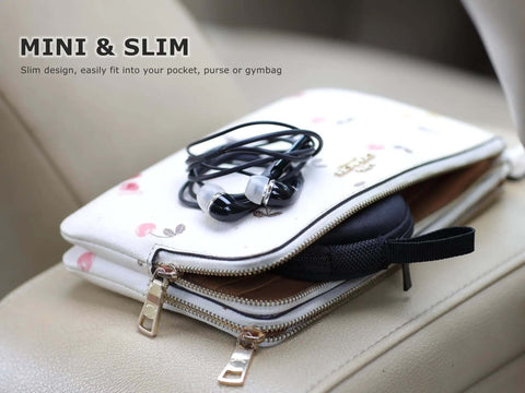 Slick Durable Hardshell Earbuds Case For Apple Ear Pods And Skullcandy Wired Headphones Bumpresistant Travel Tote displayed with earbuds.