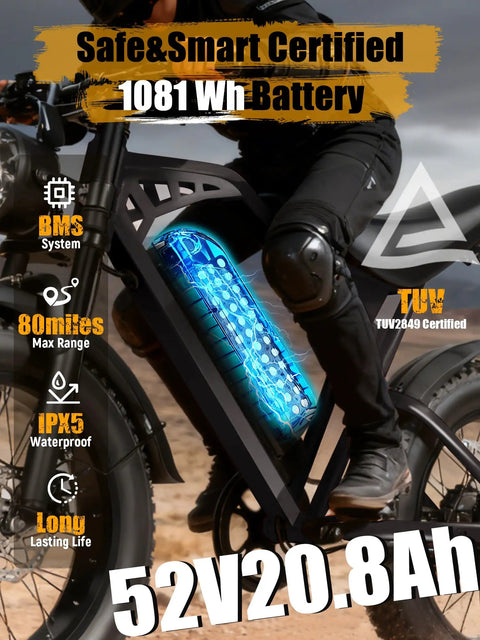 Electric Dirt Bike For Adults 1300W Peak Power 52 Volt 21Ah Battery with visible battery and rider on dirt road