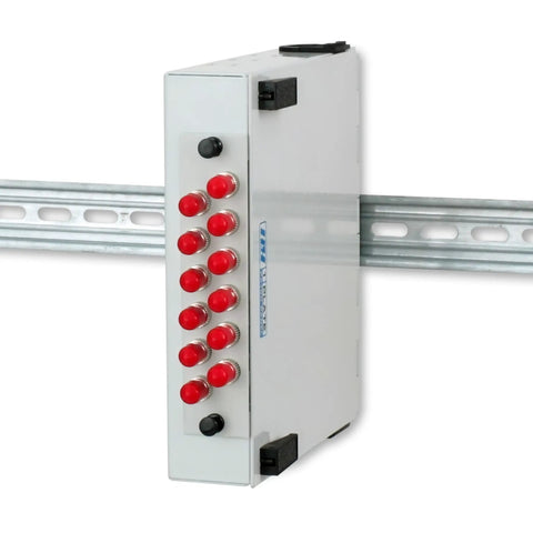 Fiber Optic Patch Panel DIN Rail Or Wall Mount With ST SC And LC Multimode Adapter Plates installed on DIN rail