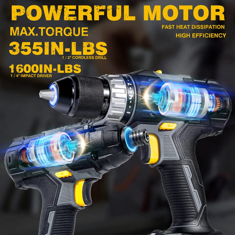 Cordless Drill And Impact Driver Combo Kit 20V with powerful motor and keyless chuck, showcasing 355 in-lbs torque.