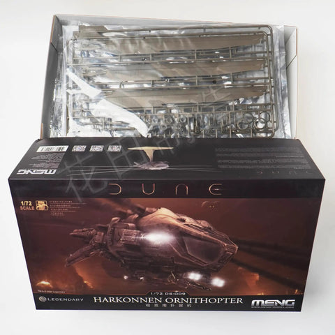 Box and contents of Dune Harkonnen Ornithopter Model Kit 1/72 Scale With Stand, Ultra Detailed Military Aircraft Display Kit.