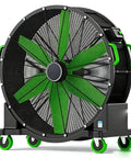 Real Deal High Capacity Industrial Warehouse Floor Fan Featuring Slick Aerodynamic Blades For Far Reaching Cool Breeze Built Tough Anti Tip Base And Smooth Casters, angled view with green blades.