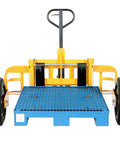 Heavy Duty All Terrain Steel Pallet Truck With Pneumatic Tires And Smooth Steering Glides Over Rough Ground Loads Up To Two Thousand Five Hundred Pounds Without A Sweat On Thirty Two Inch Forks Perfect Yard And Warehouse Workhorse, front view.