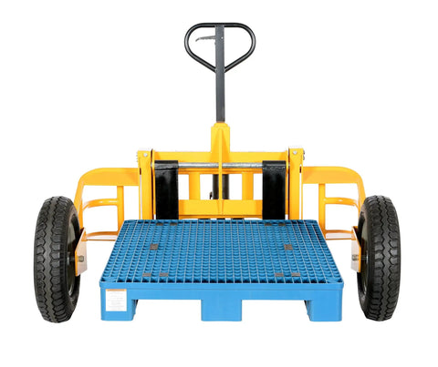 Heavy Duty All Terrain Steel Pallet Truck With Pneumatic Tires And Smooth Steering Glides Over Rough Ground Loads Up To Two Thousand Five Hundred Pounds Without A Sweat On Thirty Two Inch Forks Perfect Yard And Warehouse Workhorse, front view.