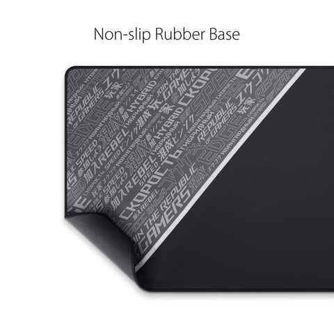 Close-up of ROG Sheath Extra Large Gaming Mouse Pad 35.4 by 17.3 Inches Ultra Smooth Surface and anti fray edges, in black and gray.