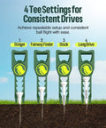 Four green tee height setters from the Seven In One Metal Golf Divot Tool with Magnetic Ball Marker and Tee Height Setter.