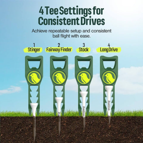 Four green tee height setters from the Seven In One Metal Golf Divot Tool with Magnetic Ball Marker and Tee Height Setter.