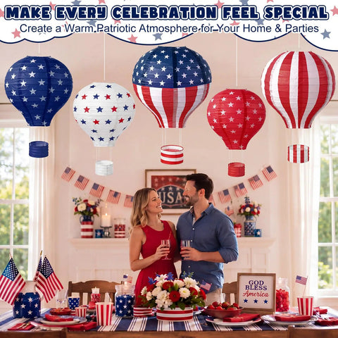 Five Pack 12 Inch Patriotic Hot Air Balloon Paper Lanterns For 4th Of July Indoor Outdoor Party Decor With Stars And Stripes Navy Star Field And Old Glory Designs hanging above a festive table setting.