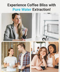 Collage of people enjoying coffee with Barista-Grade Replacement Water Filter For DeLonghi Coffee Machines, text overlay "Experience Coffee Bliss with Pure Water Extraction"